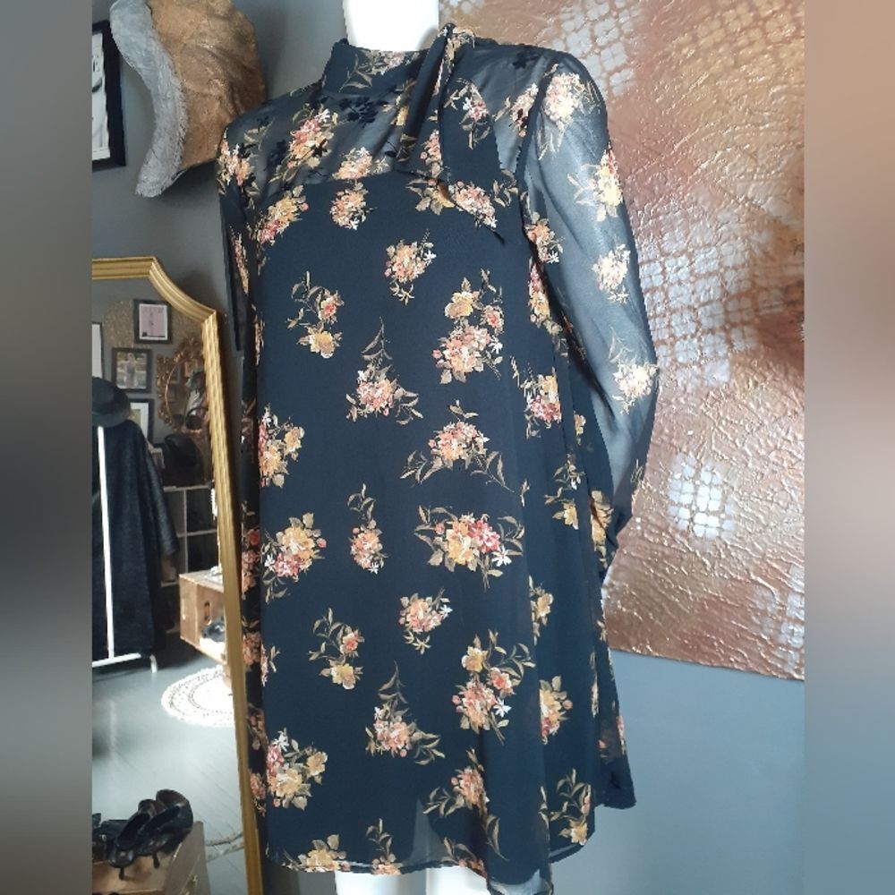 Zara Chiffon Dark Floral Black Mini Dress